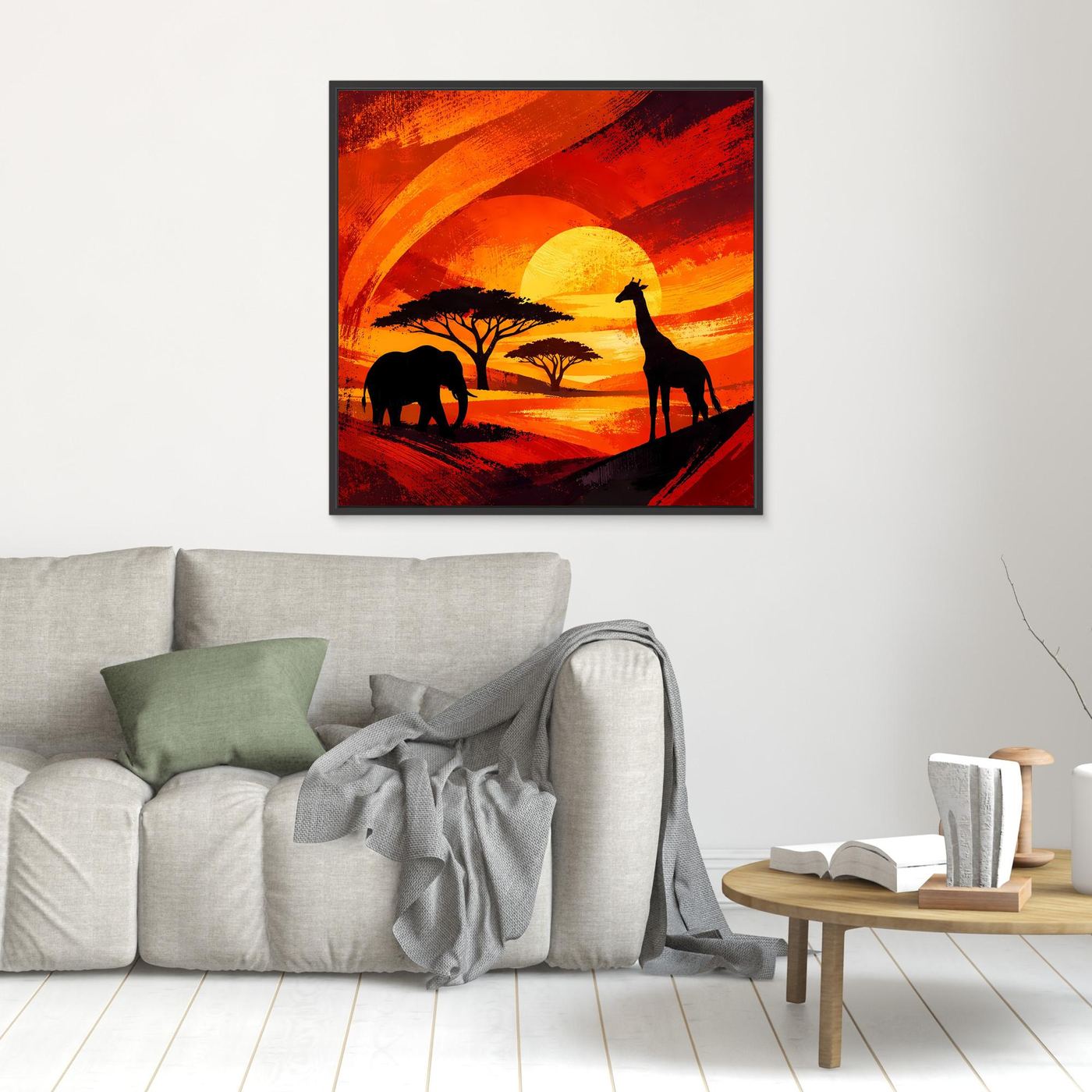 Gerahmtes Leinwandbild mit Savannenlandschaft, Elefant- und Giraffensilhouetten im Farbverlauf