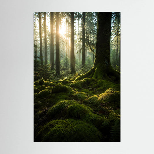 Hochformat-Poster mit Waldmotiv: grünes Moos, Baumstamm und Sonnenstrahlen