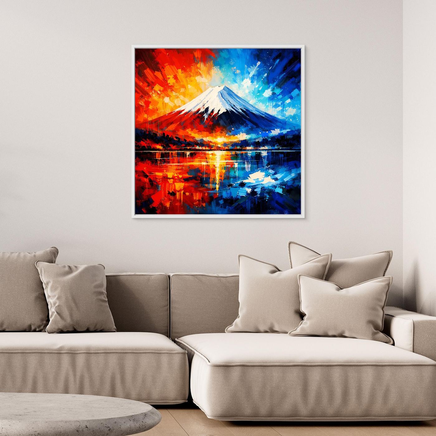 Leinwand Majestätischer Mount Fuji im Feuer- und Eis-Kontrast | Abstraktes Japan Wandbild