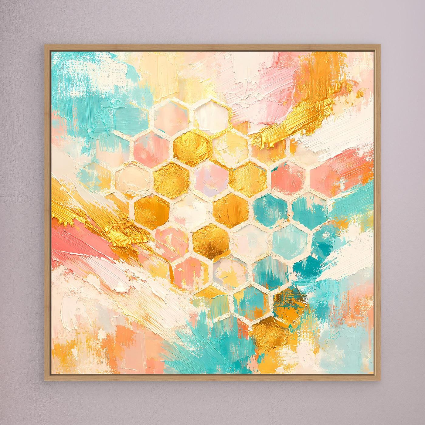 Abstraktes Bienenwaben-Leinwandbild mit Goldakzenten, braun gerahmt, Pastellfarben