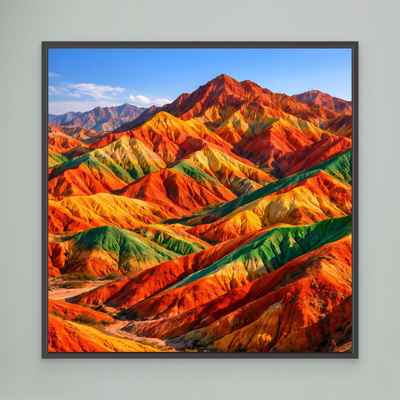 Leinwandbild Regenbogen-Berge mit Rot- und Grüntönen, schwarzer Rahmen