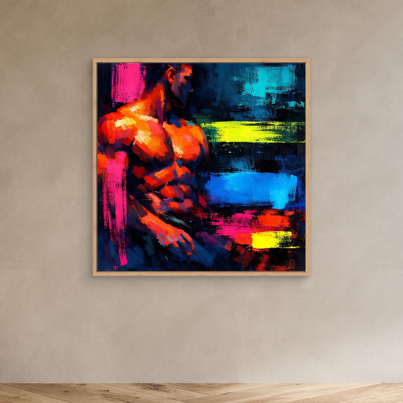 Leinwandbild Abstrakter Männlicher Torso | Moderner Neon-Kunst Wandbild auf echtem Holzkeilrahmen