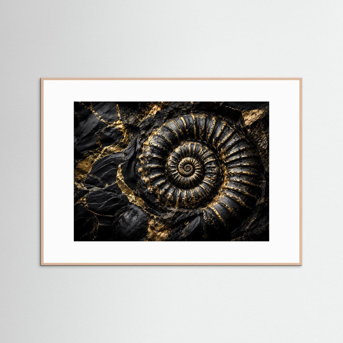 Ammonit Fossil Wandbild | Schwarz Gold Kunst | Geologie Poster | Luxus Leinwand | Prähistorische Natur Wanddeko | Moderne Wall Art