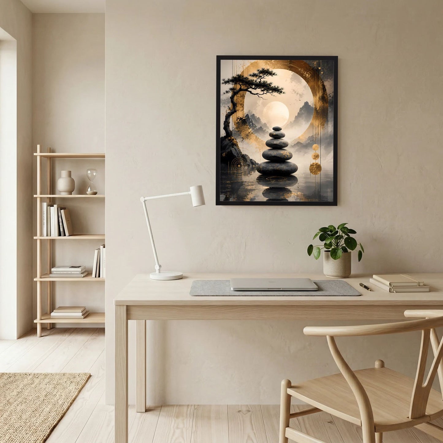 Gerahmtes Meditationsposter im Hochformat mit Zen-Stein-Stapel und Baum über Bergnebelmotiv
