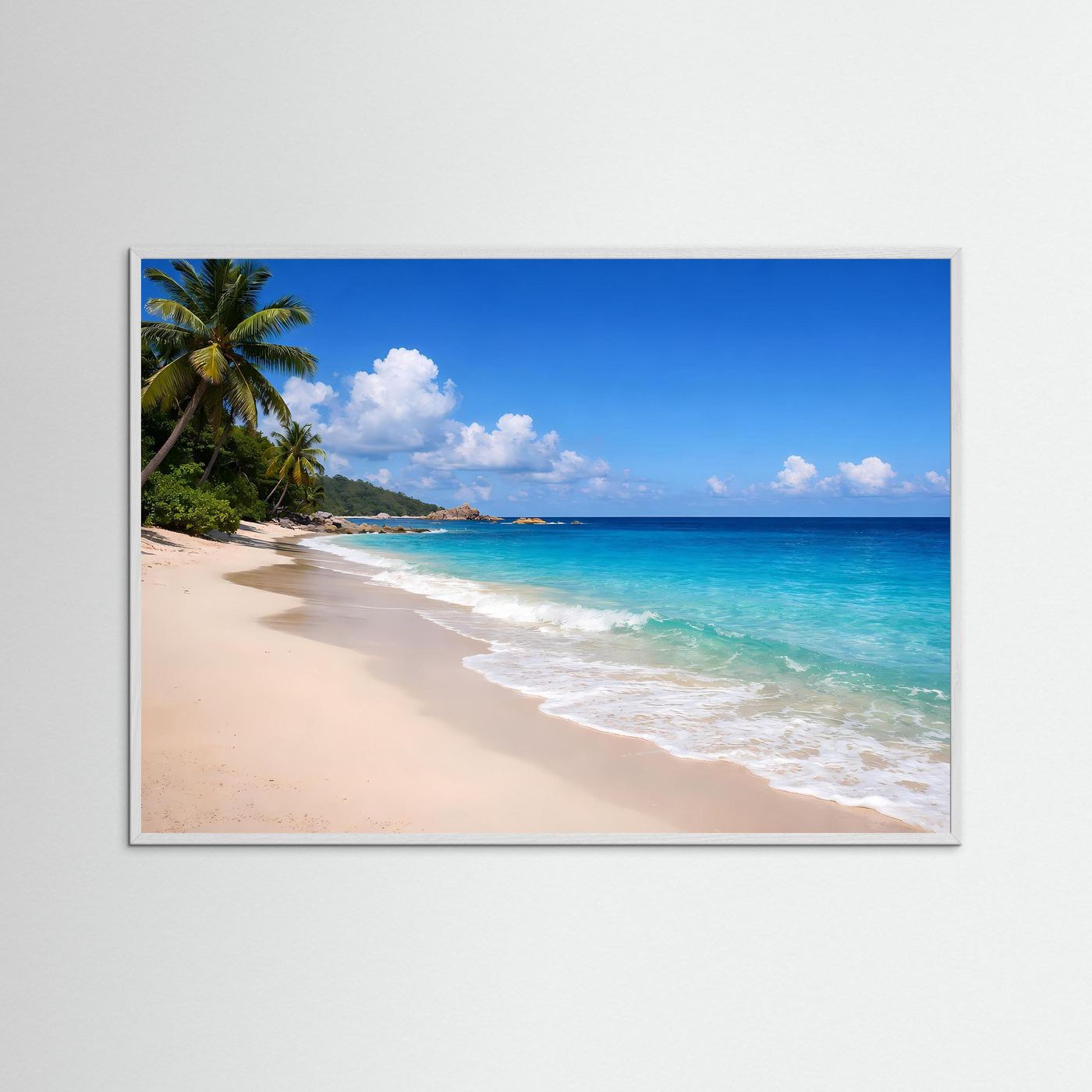 Strand-Poster mit Palmen und türkisblauem Meer, Querformat, heller Holzrahmen