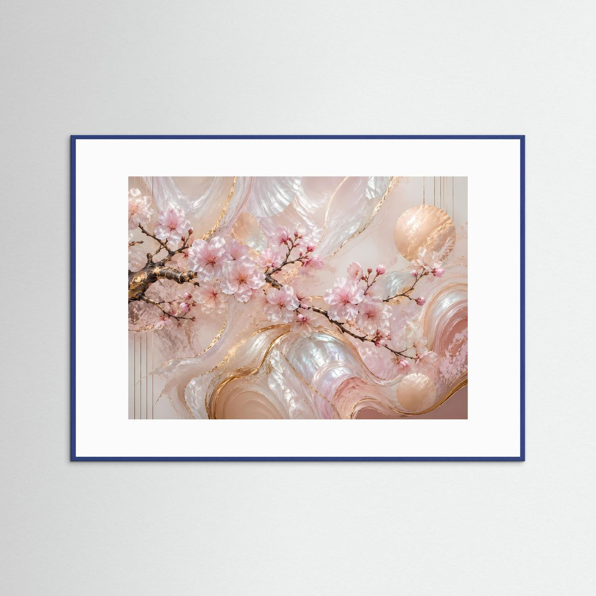 Querformat-Poster mit abstrakten Sakura-Blüten in Rosa und Gold, dunkelblau gerahmt