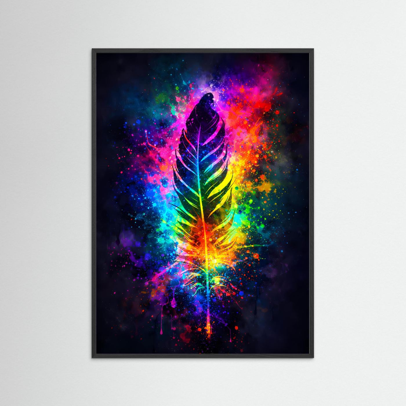 Wandbild mit bunten Aquarell-Feder im Hochformat, schwarzer Rahmen