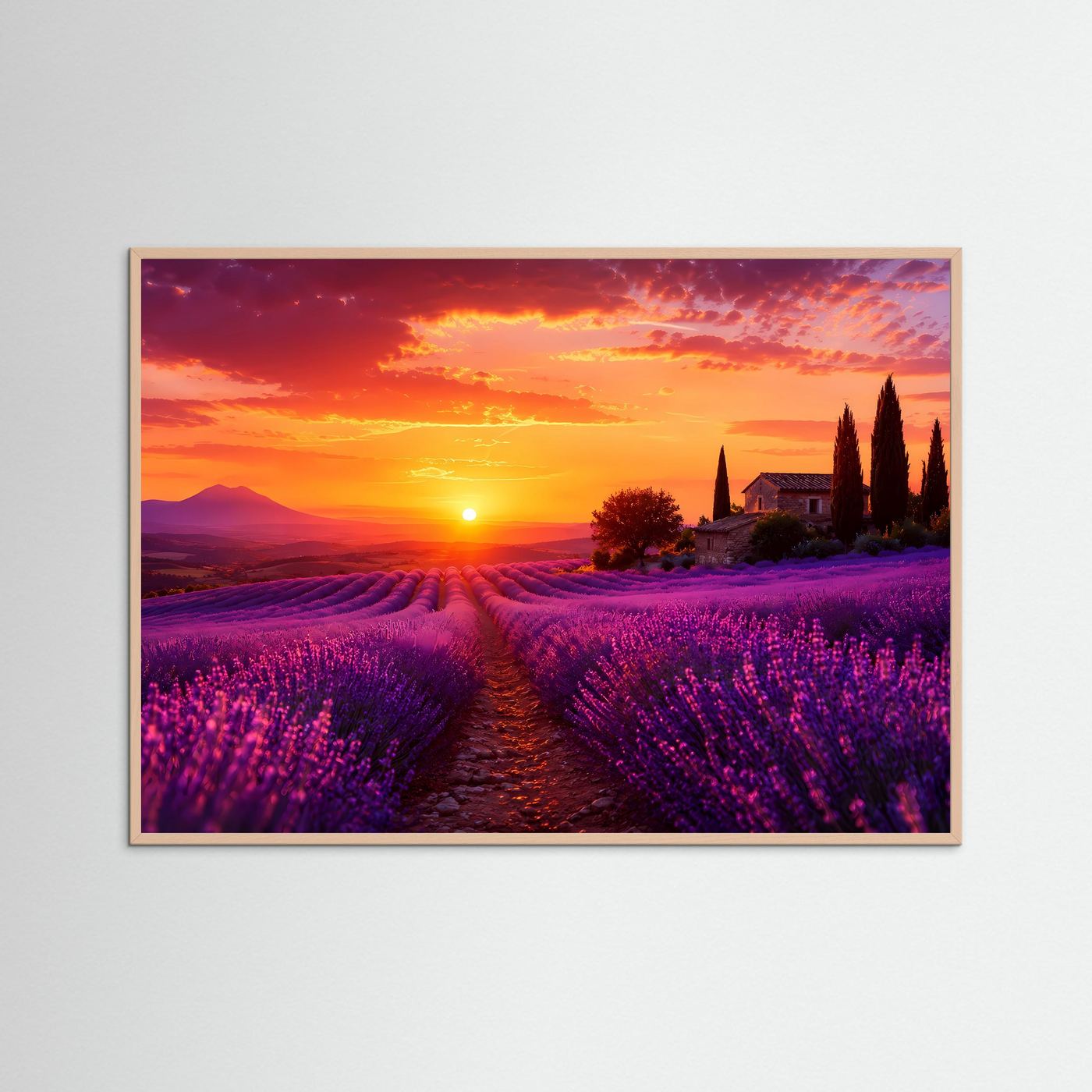 Lavendelfeld bei Sonnenuntergang Poster Querformat | Provence Landschaft in Lila & Orange | Mediterranes Natur Wandbild mit Lavendel