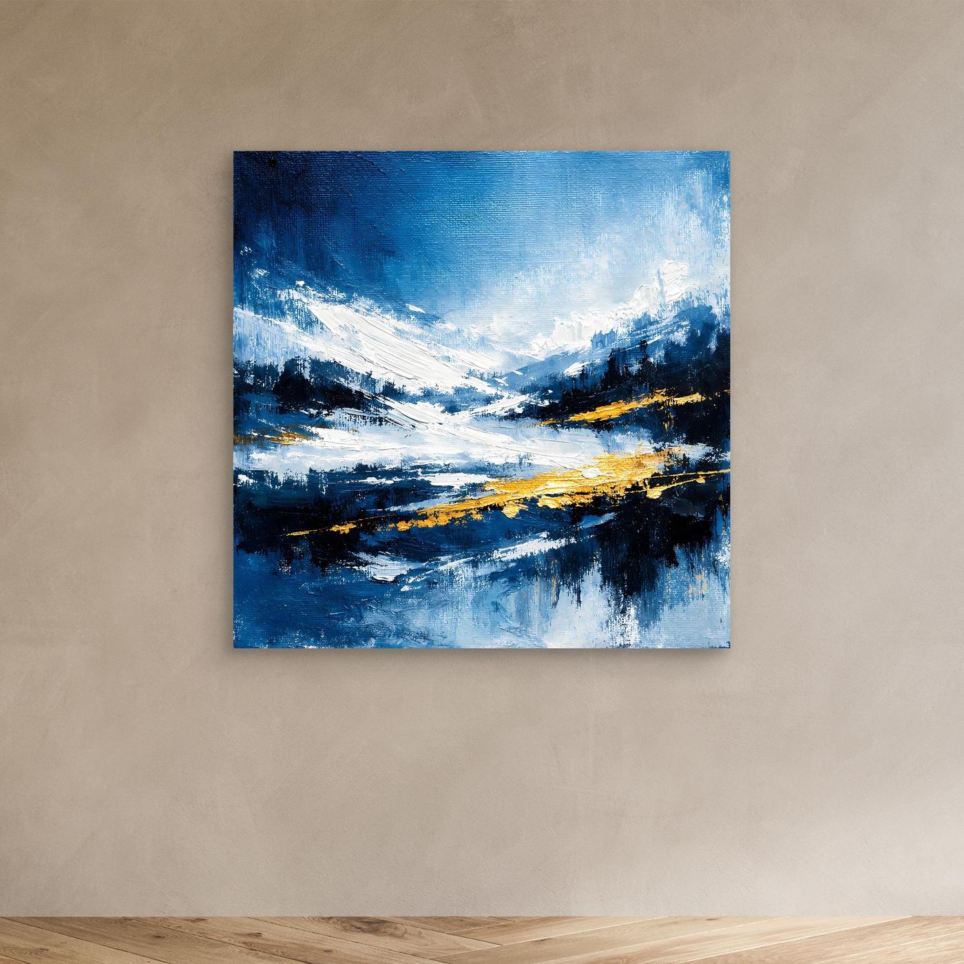 Leinwand Abstraktes Wintergemälde in Blau und Gold | Modernes Schnee & Berge Wandbild