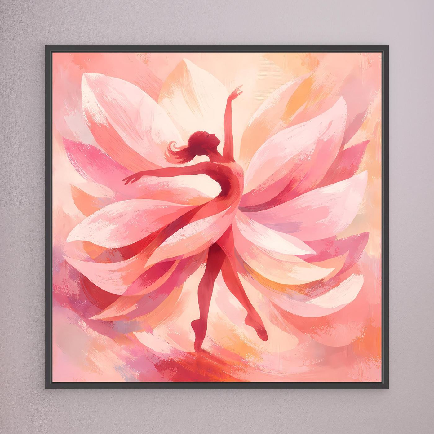 Leinwandbild mit rosa Blütenwirbel und Tänzerin, schwarzer Rahmen
