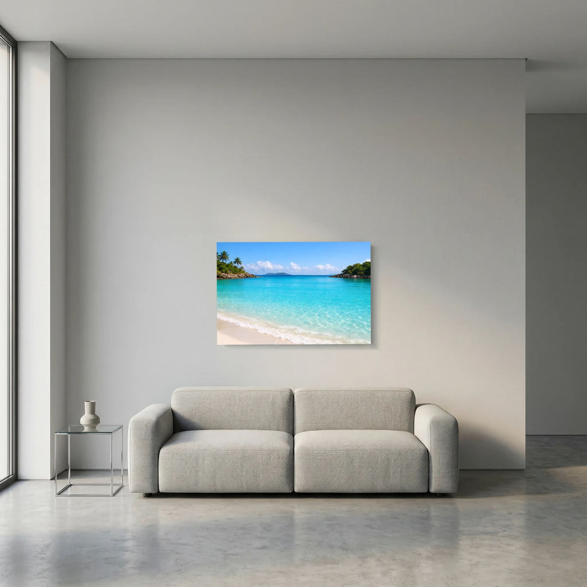 Kleines Strand-Wandbild mit türkisfarbenem Meer, Palmen und weißem Sandstrand