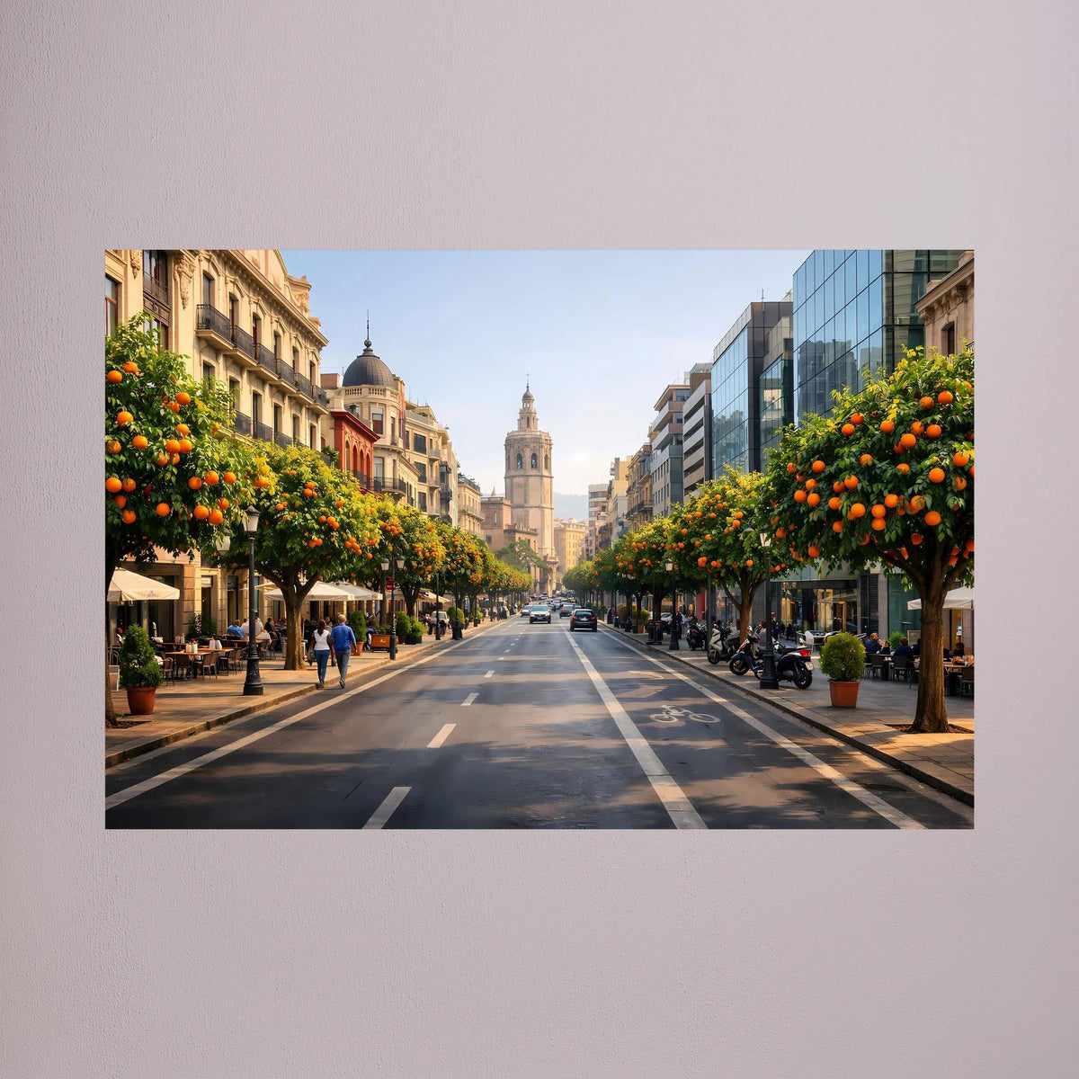Querformat-Wandbild mit Allee aus Orangenbäumen, Stadtgebäuden und Straßensicht