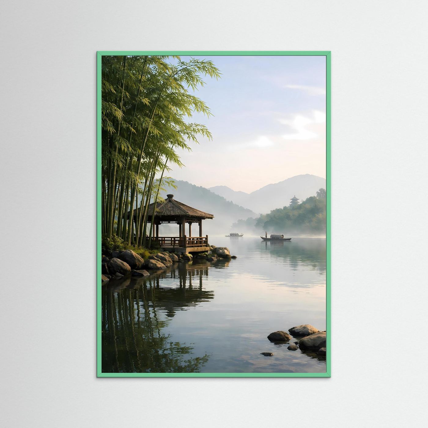 Poster Traditioneller Pavillon am Bambus-Flussufer | Klares Asiatisches Wandbild