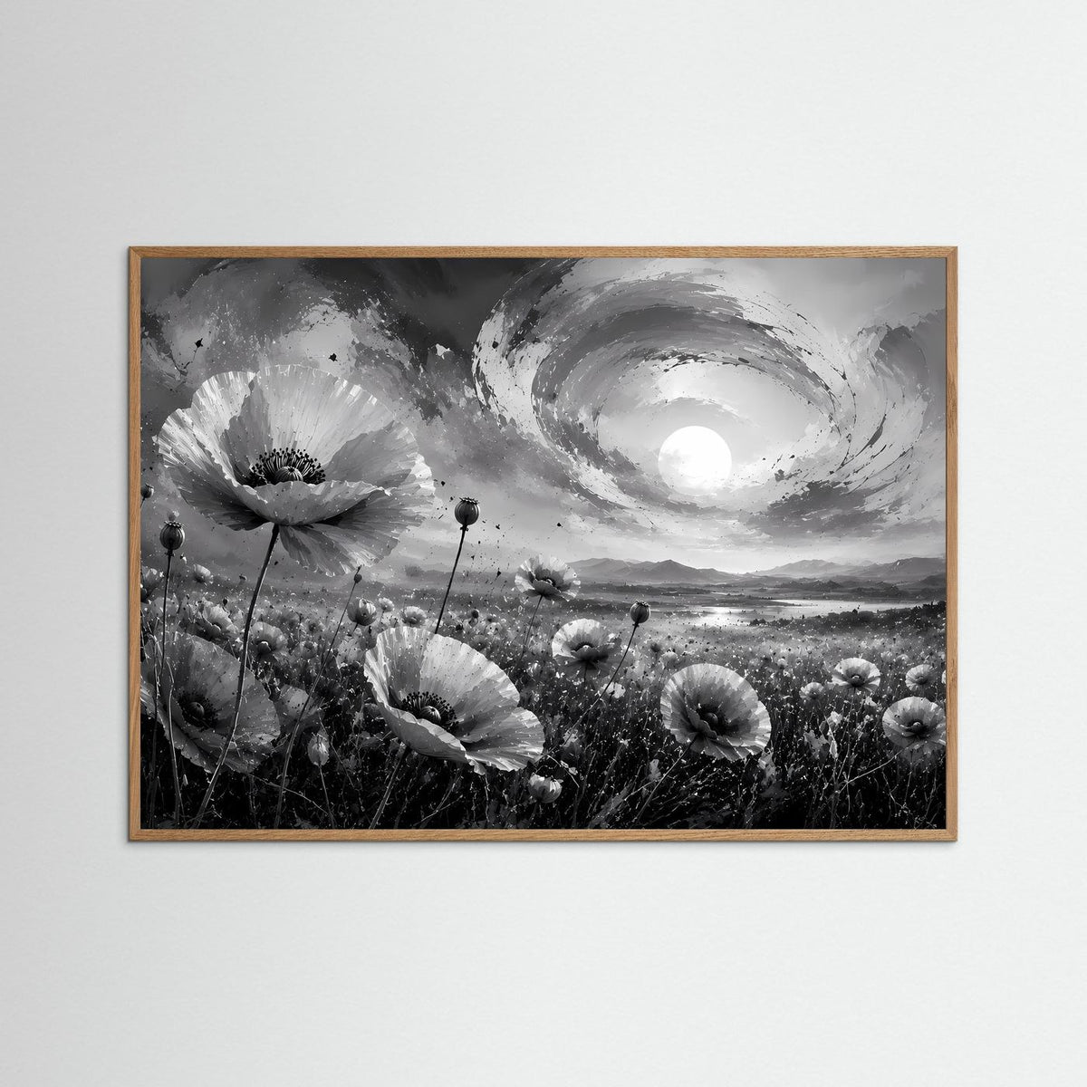 Schwarzweiß-Poster mit Mohnblumen und Vollmond im Wirbelwolkenhimmel, heller Holzrahmen