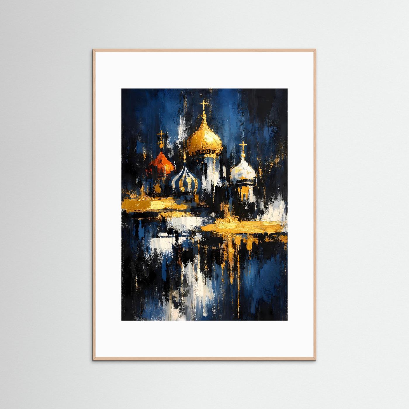 Architektur-Poster mit Kathedrale und goldenen Kuppeln, blaues Nachtbild, beiger Rahmen