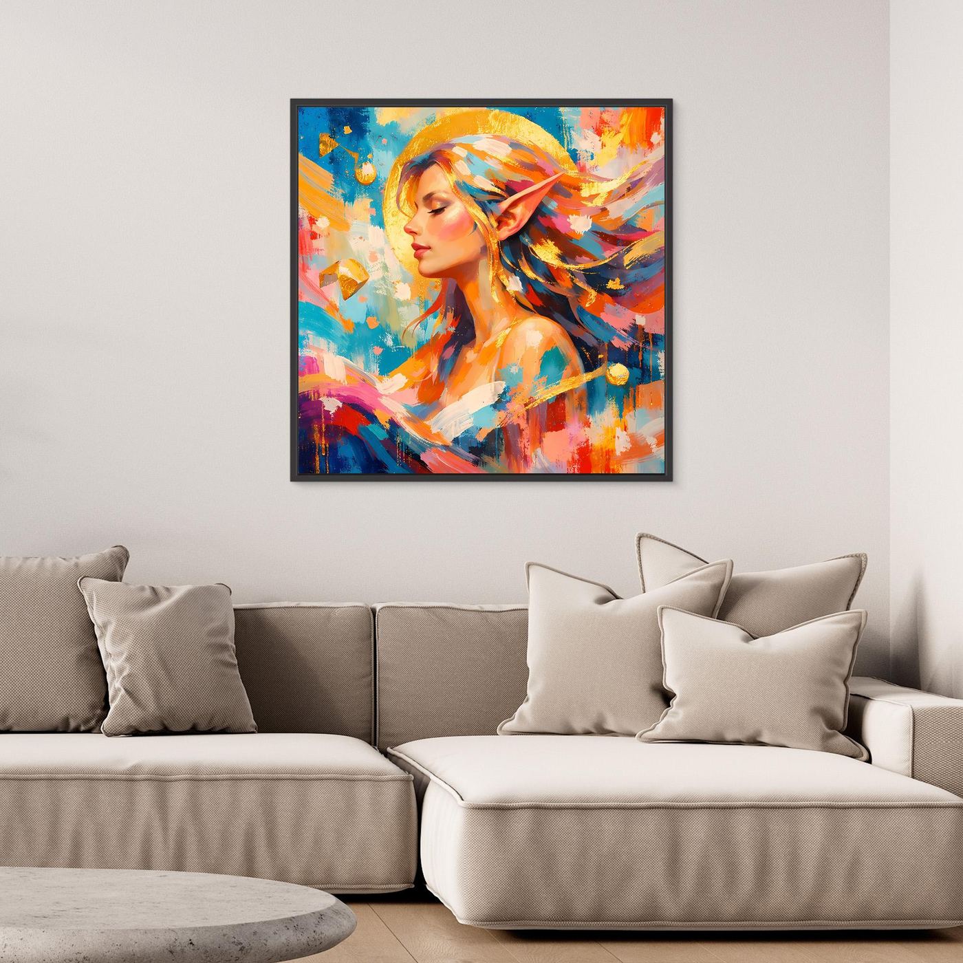 Leinwandbild mit abstrakter Elfe im Profil, bunte Fantasy-Farben, mit schwarzem Rahmen