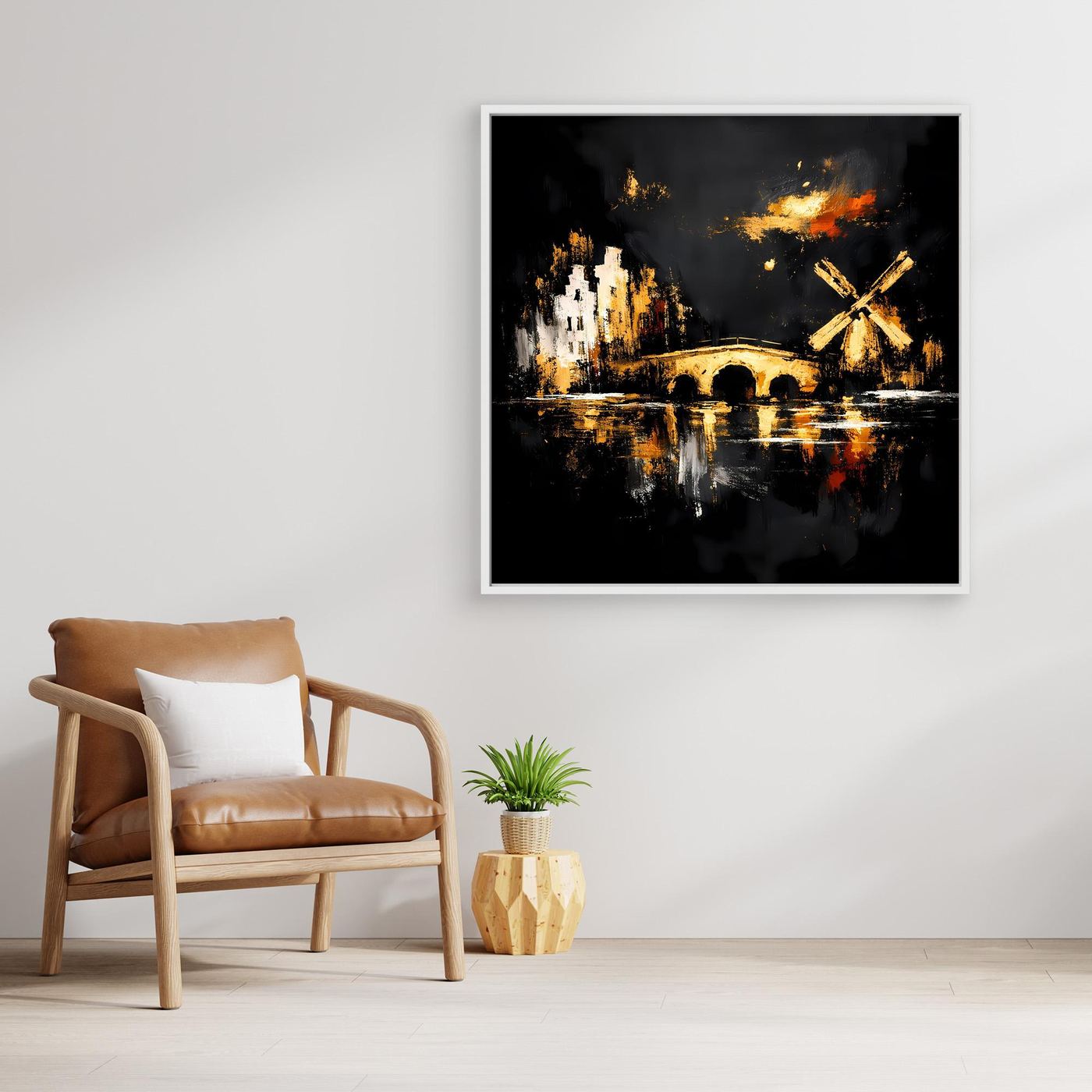 Leinwand Goldene Windmühle in Amsterdam | Abstraktes Holland Wandbild Modern