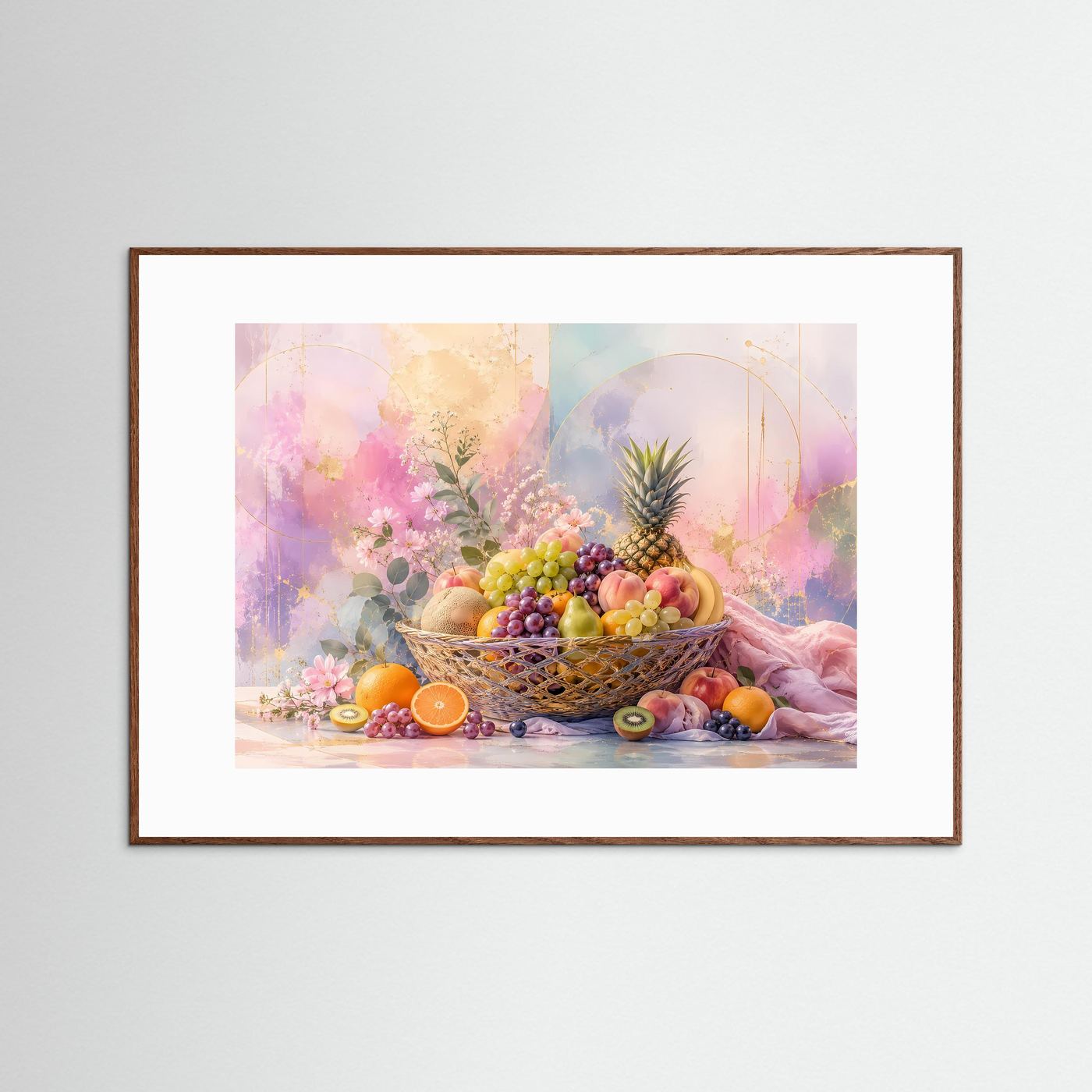 Abstrakter Obstkorb in Pastell | Elegantes Stillleben mit Früchten & Blüten