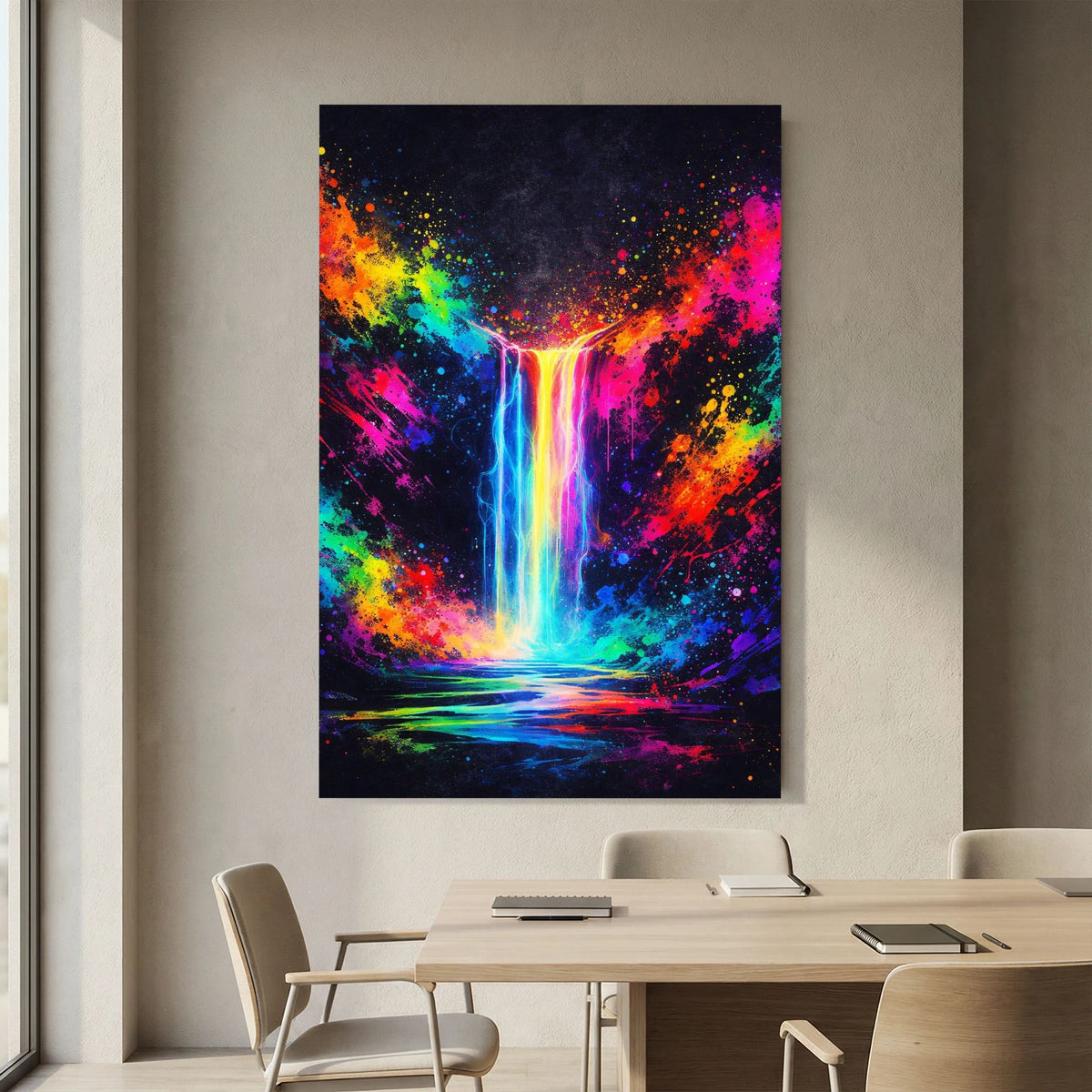 Hochformatiges Wandbild mit schwarzem Rahmen und Neon-Wasserfall-Abstrakt in Blau, Grün und Gelb