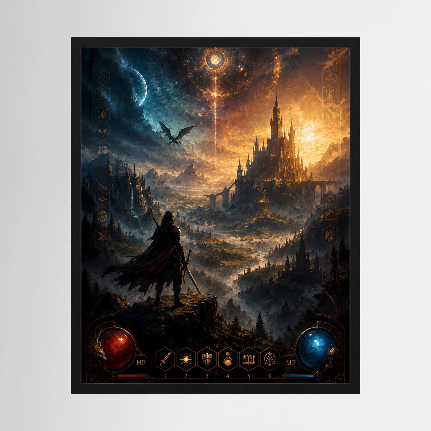 Kunstposter im Hochformat im schwarzen Rahmen mit Königsschloss, Krieger und Drachenmotiv