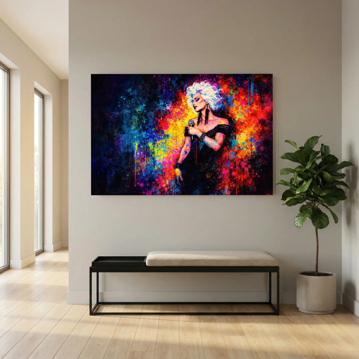 Wandbild mit Sängerin und Mikrofon, leuchtende Pop-Art-Farben, rechteckig im Querformat.