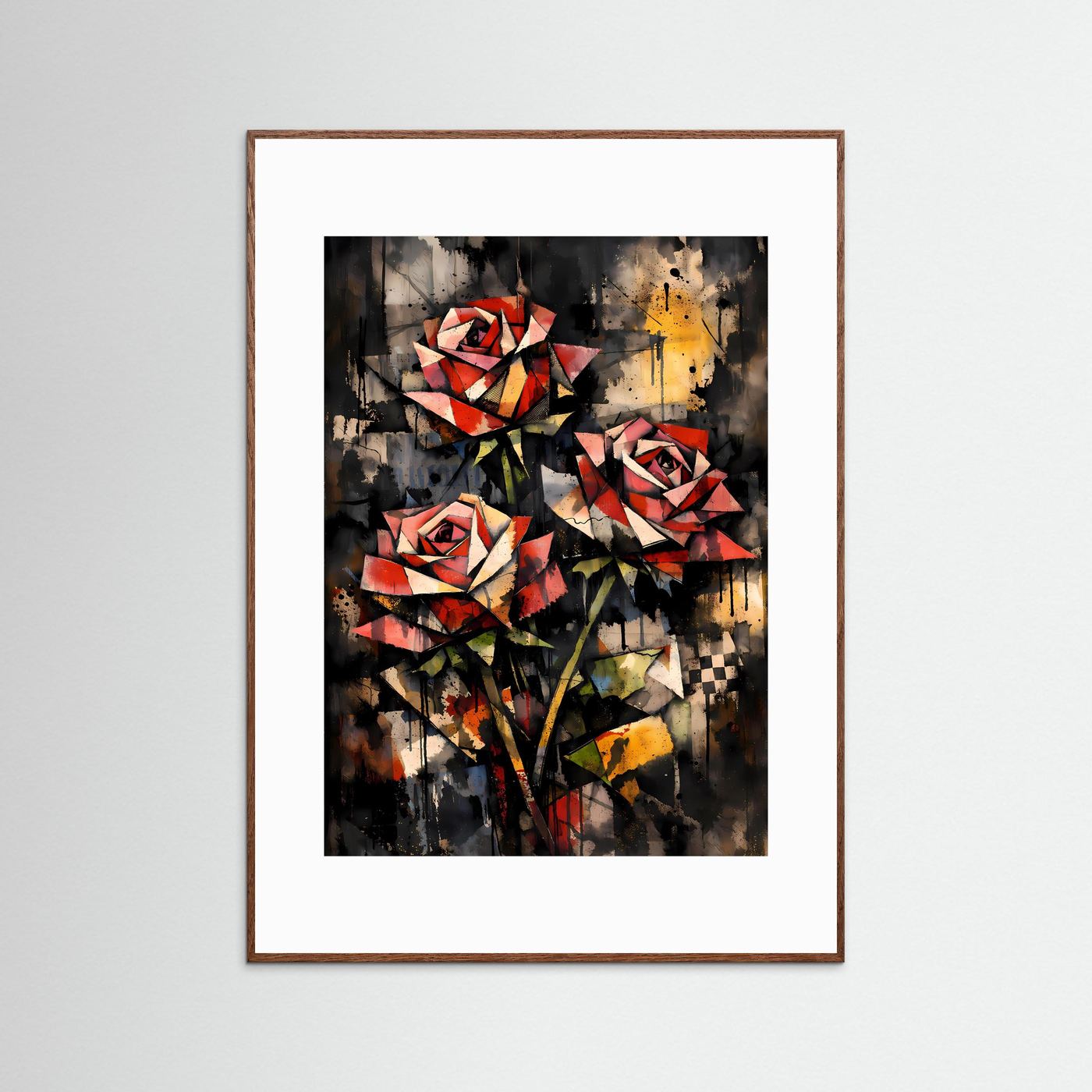 Geometrische Eleganz | Rote Rosen Poster im kubistischen & abstrakten Kunststil | Kunstposter Hochformat
