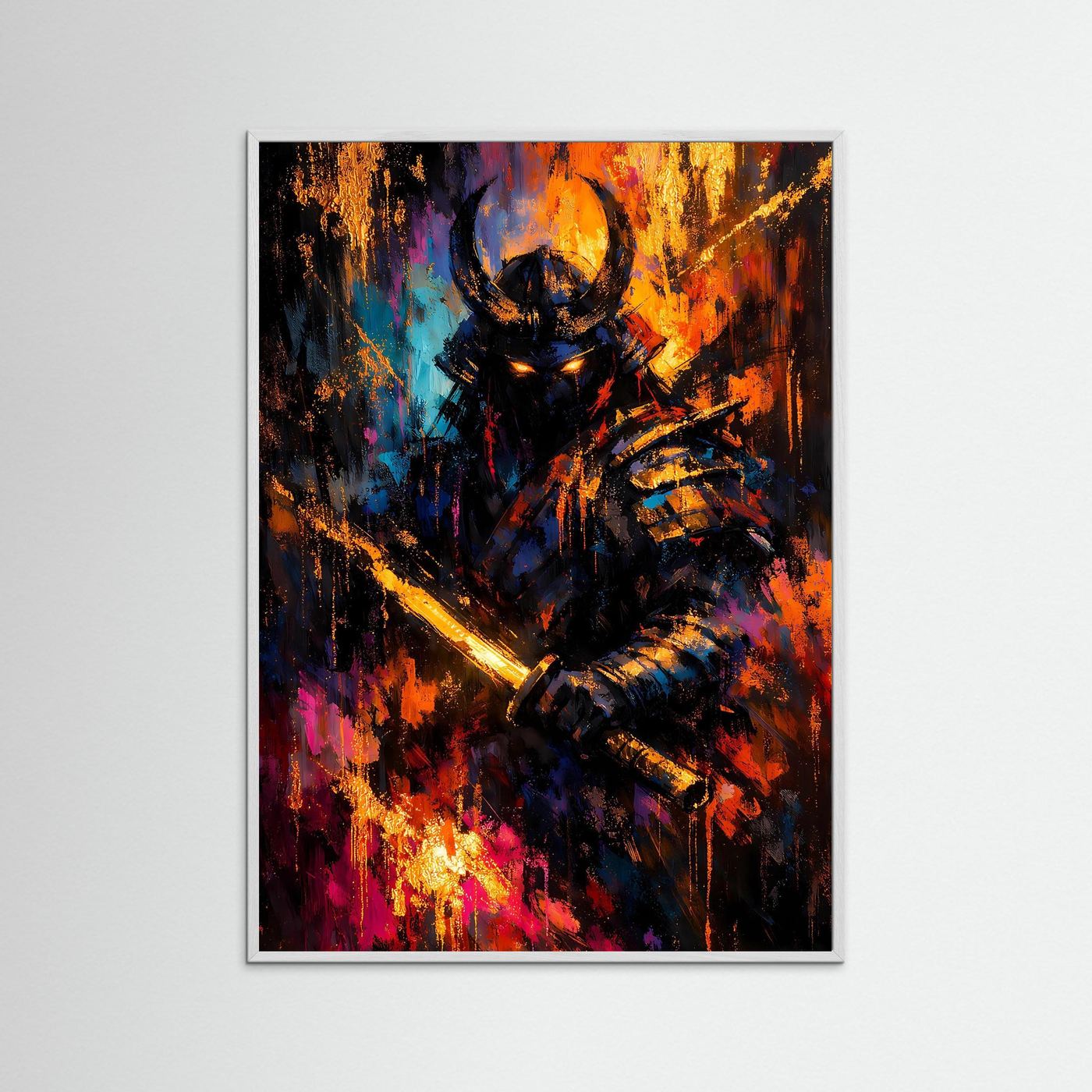 Samurai-Kunstposter im Hochformat mit glühendem Schwert und abstrakten Farbspritzern, schwarzer Rahmen