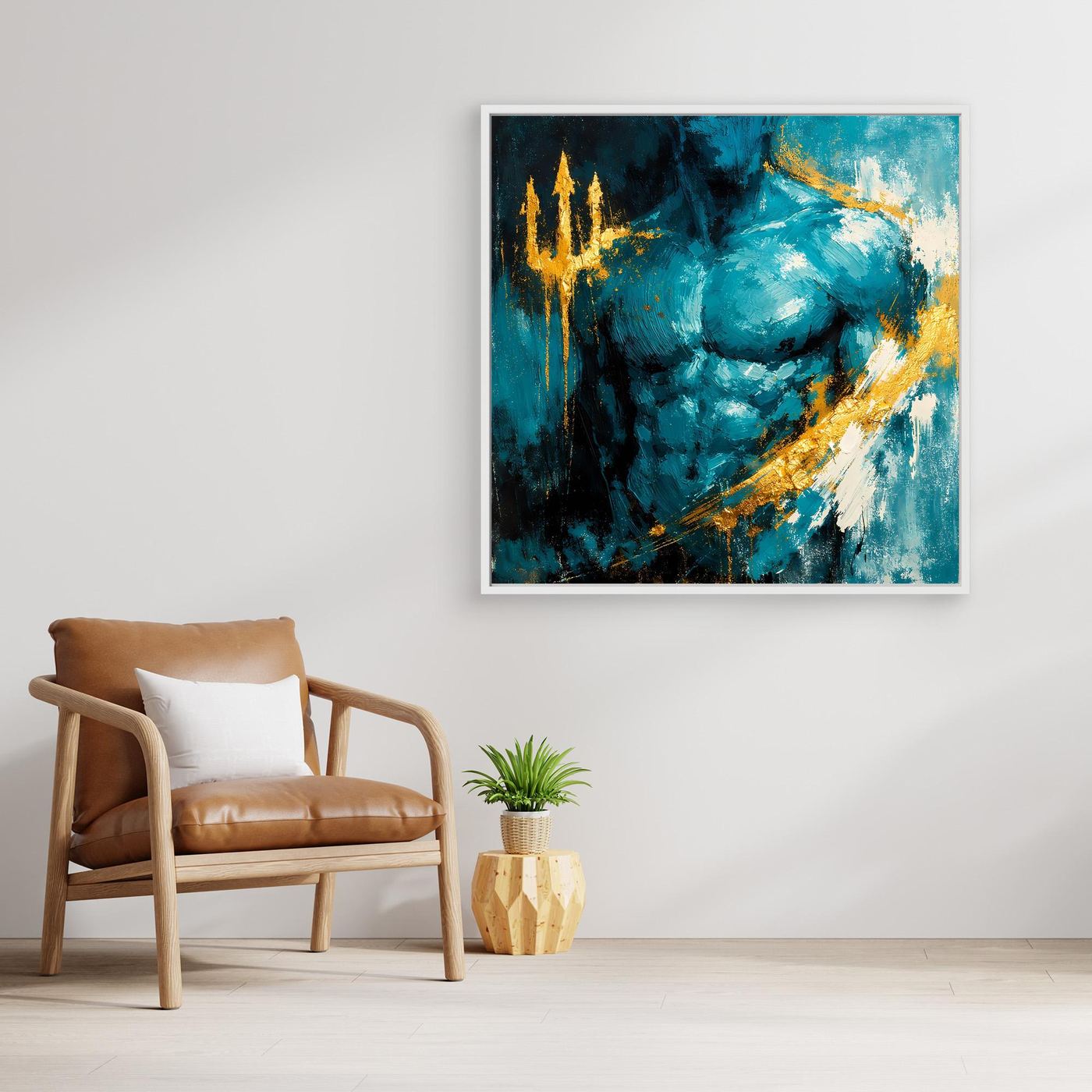 Leinwand Kraftvoller Poseidon in Türkis | Abstraktes Meeresgott Wandbild Gold