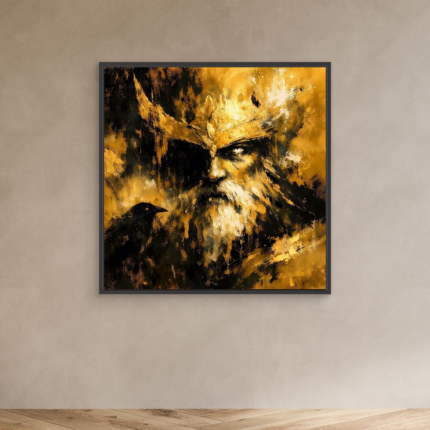 Leinwand Nordischer Gott Odin mit Rabe | Modernes Abstraktes Mythologie Wandbild