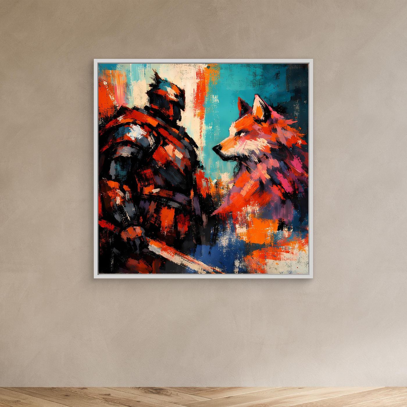 Abstraktes Leinwand-Wandbild mit weißem Rahmen: Krieger und Wolf, farbige Pinselstruktur