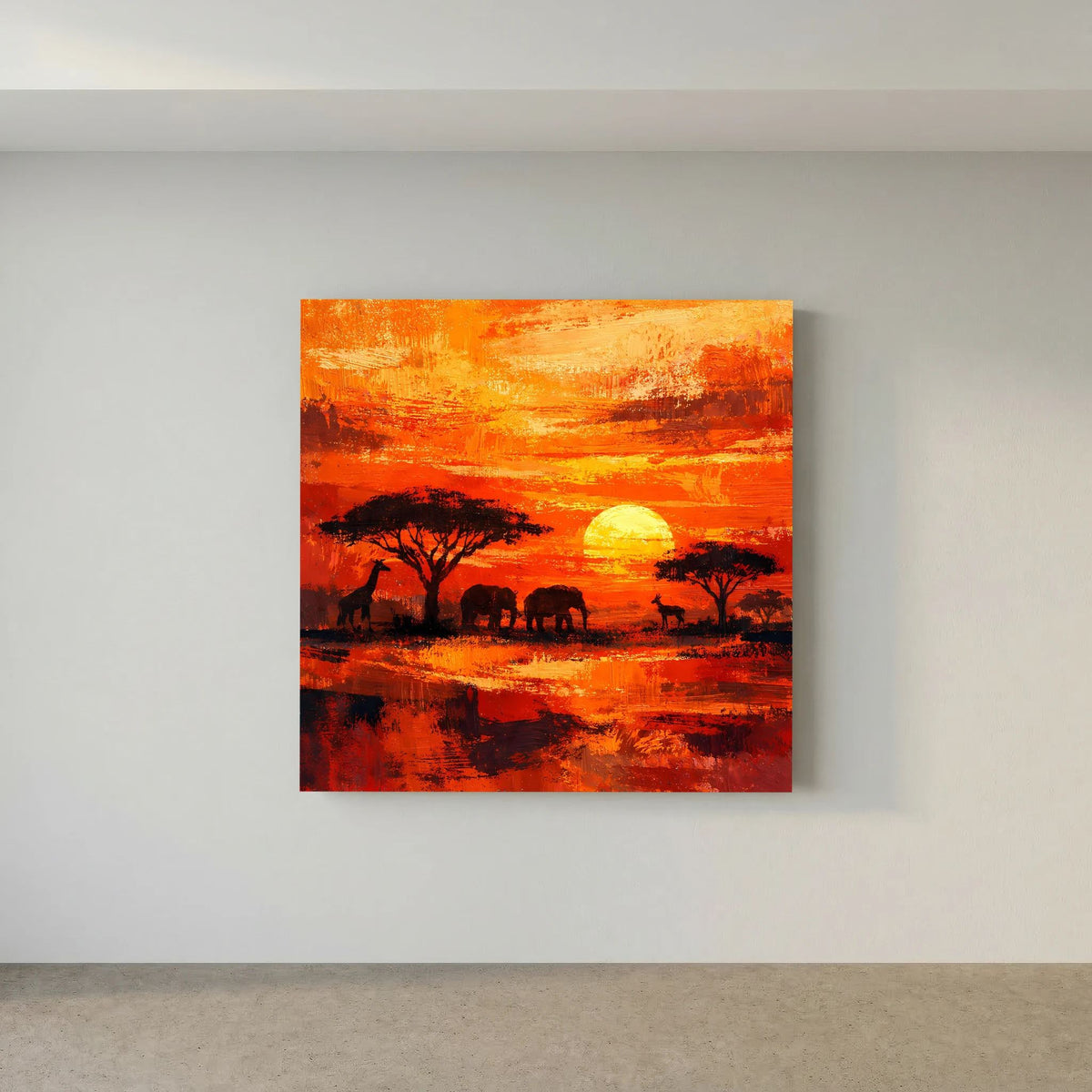 Leinwand-Wandbild mit Sonnenuntergangs-Szene, silhouettierte Tiere in der Savanne und Spiegelung