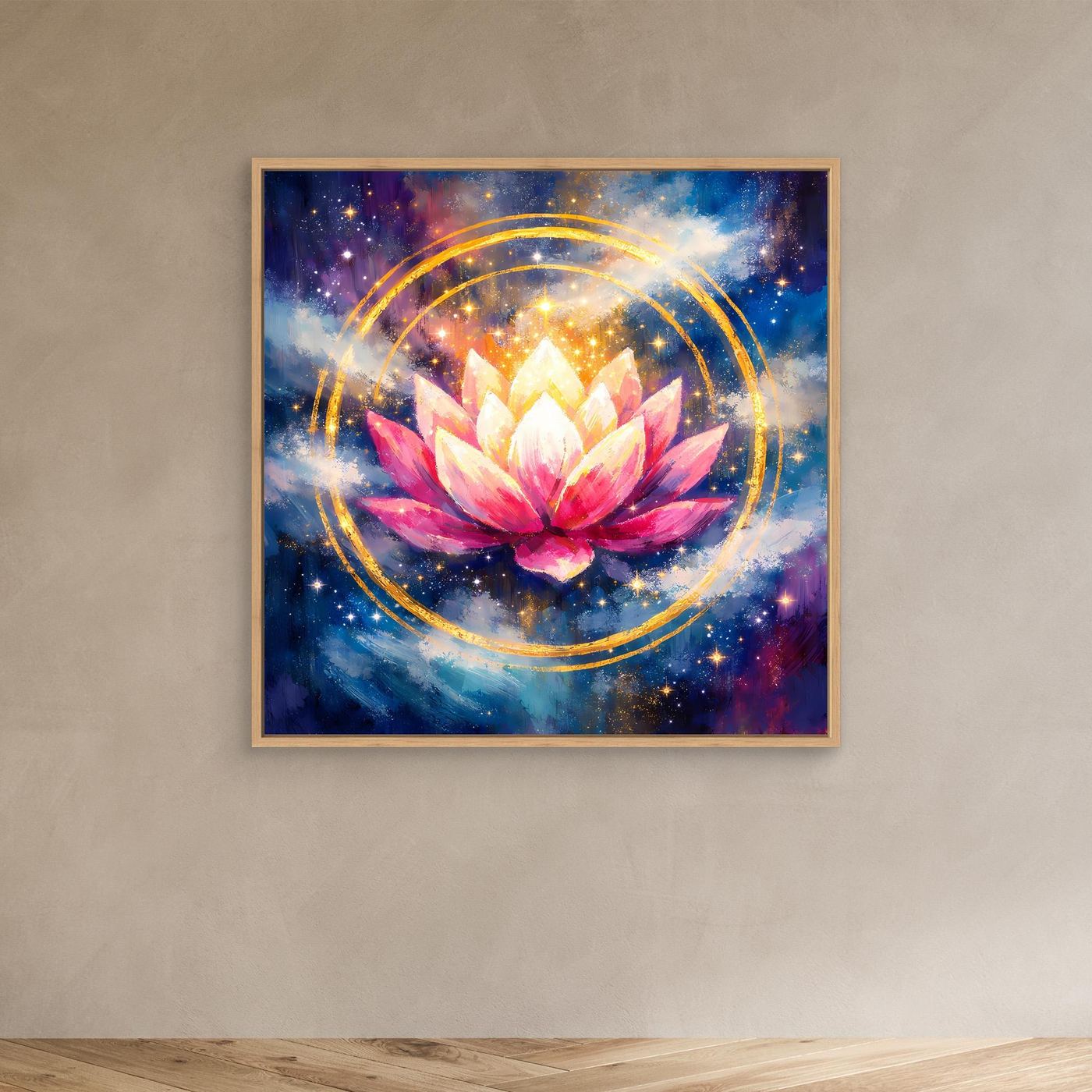 Wandbild mit Lotusblüte, goldenen Kreisen und Sternen im Kosmos, Eichenrahmen