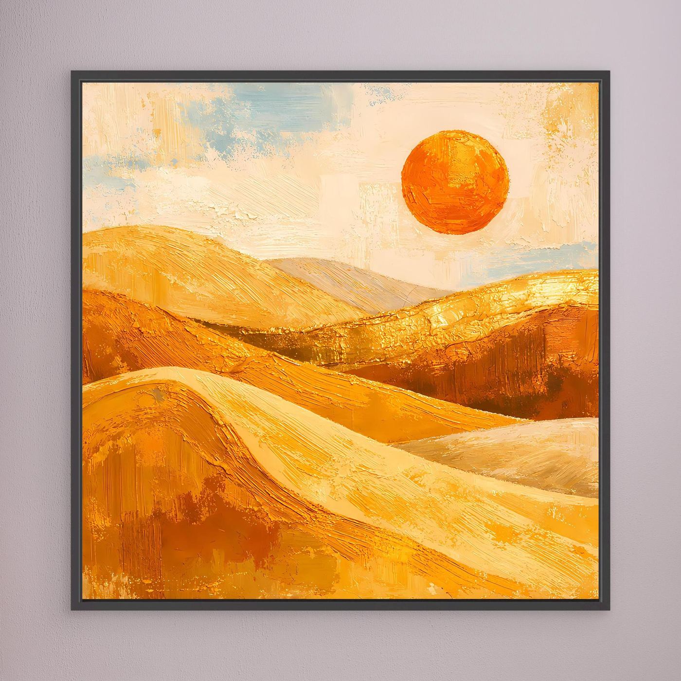 Wandbild mit goldenen Dünen und orangefarbener Sonne, schwarzer Rahmen
