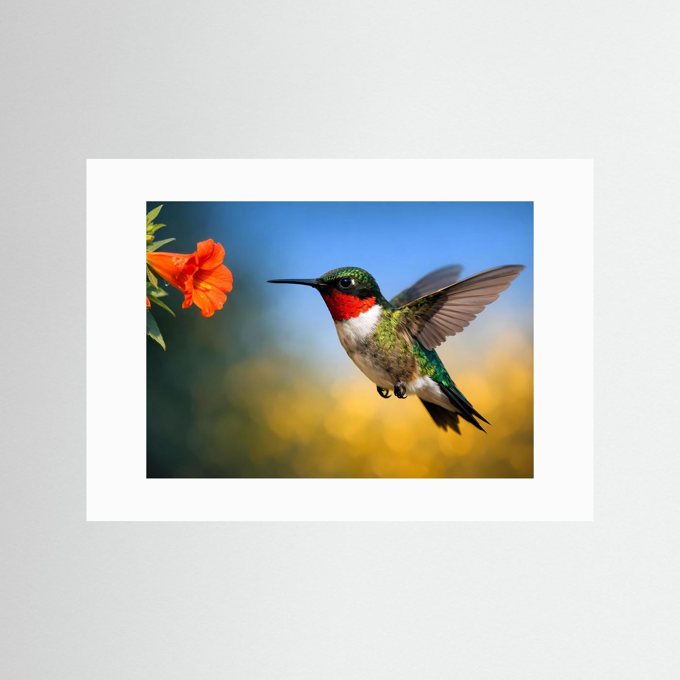 Kolibri-Poster mit orangefarbener Blüte, fliegender Vogel im Querformat, weißer Rand