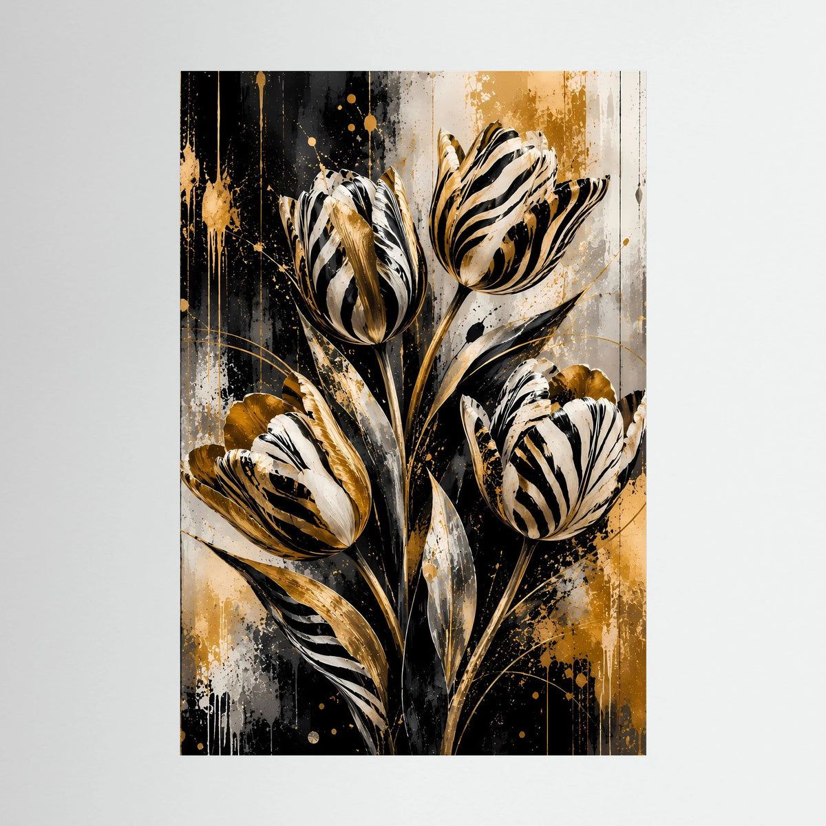 Nahaufnahme des Tulpen-Designs: abstrakte Blüten in Schwarz, Weiß und Gold, im Rahmen