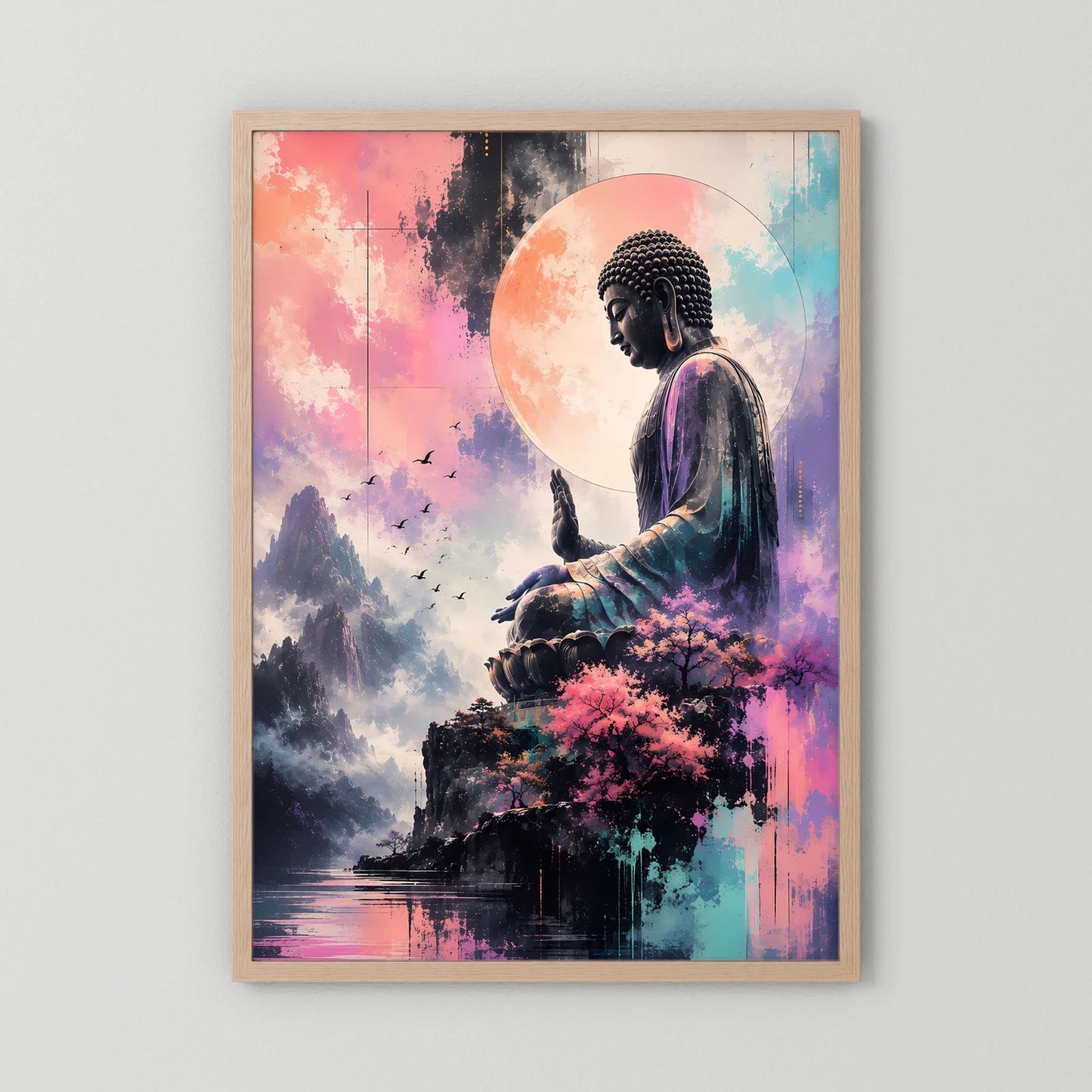 Hochformatiges Buddha-Poster mit meditierender Figur, Bergen und Kirschblüten, Holzrahmen