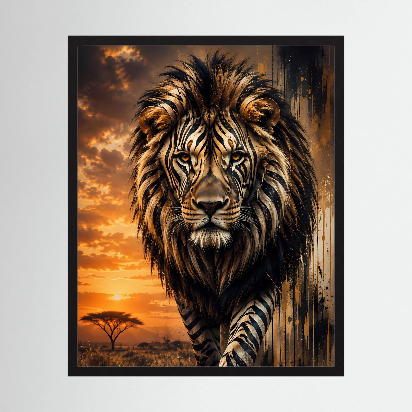 Gerahmtes Poster mit Löwenmotiv und Zebramuster, bräunlich-oranger Sonnenuntergang