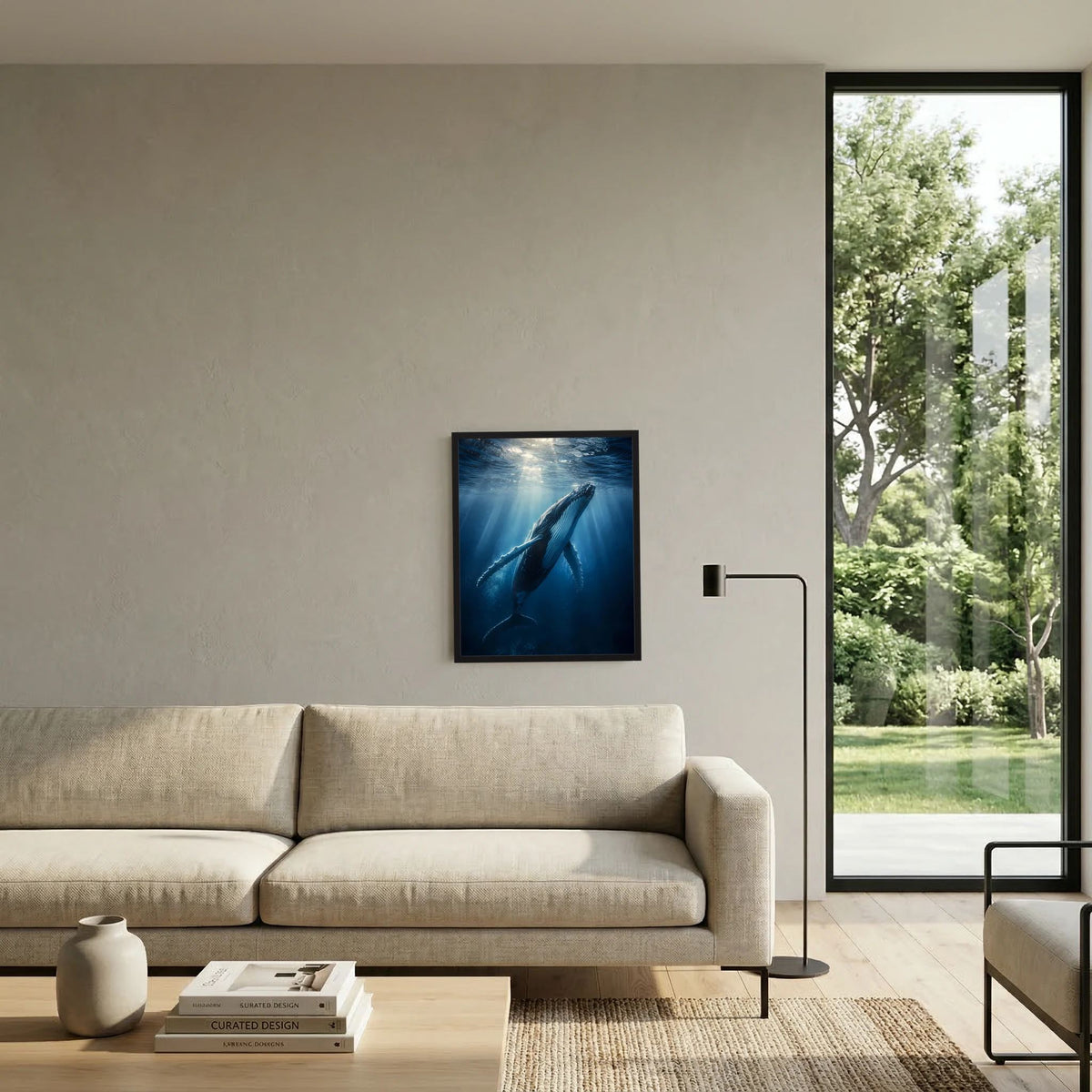 Hochformatiges Poster mit Buckelwal unter Wasser, Sonnenlichtstrahlen im Meer