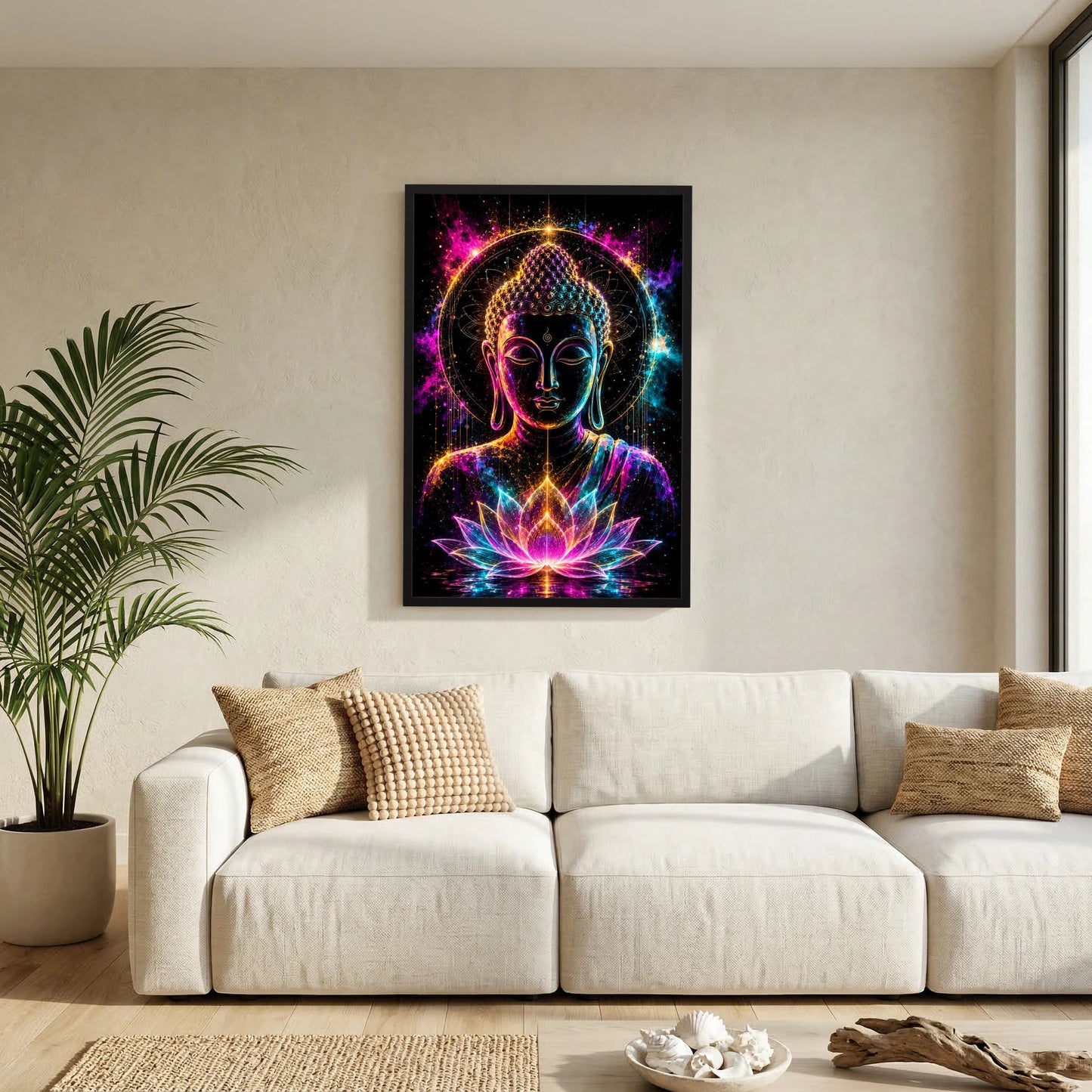 Kunstposter mit Buddha im Neon-Look und leuchtender Lotusblüte, schwarzer Rahmen