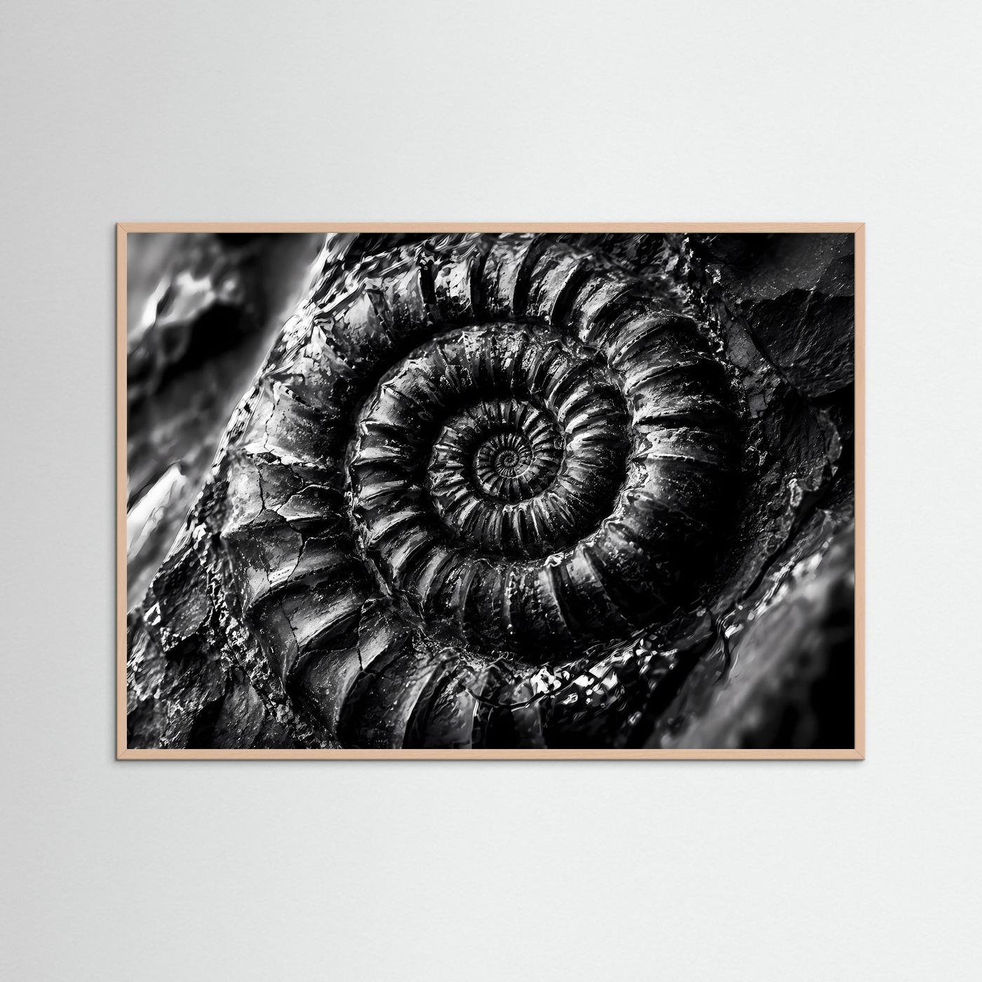 Ammonit Fossil Schwarz Weiß Poster | Makro Fossilien Wandkunst | Monochrome Naturkunst | Geologie Leinwand | Modernes Spiral Fossil Bild