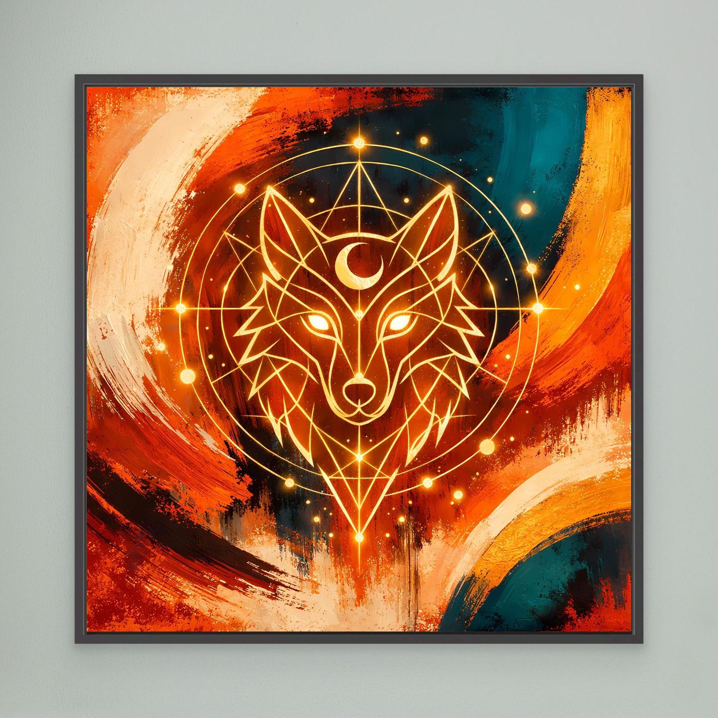 Gerahmtes Leinwandbild: geometrischer Wolf in Orange/Blau mit goldenen Lichtlinien, schwarzer Rahmen