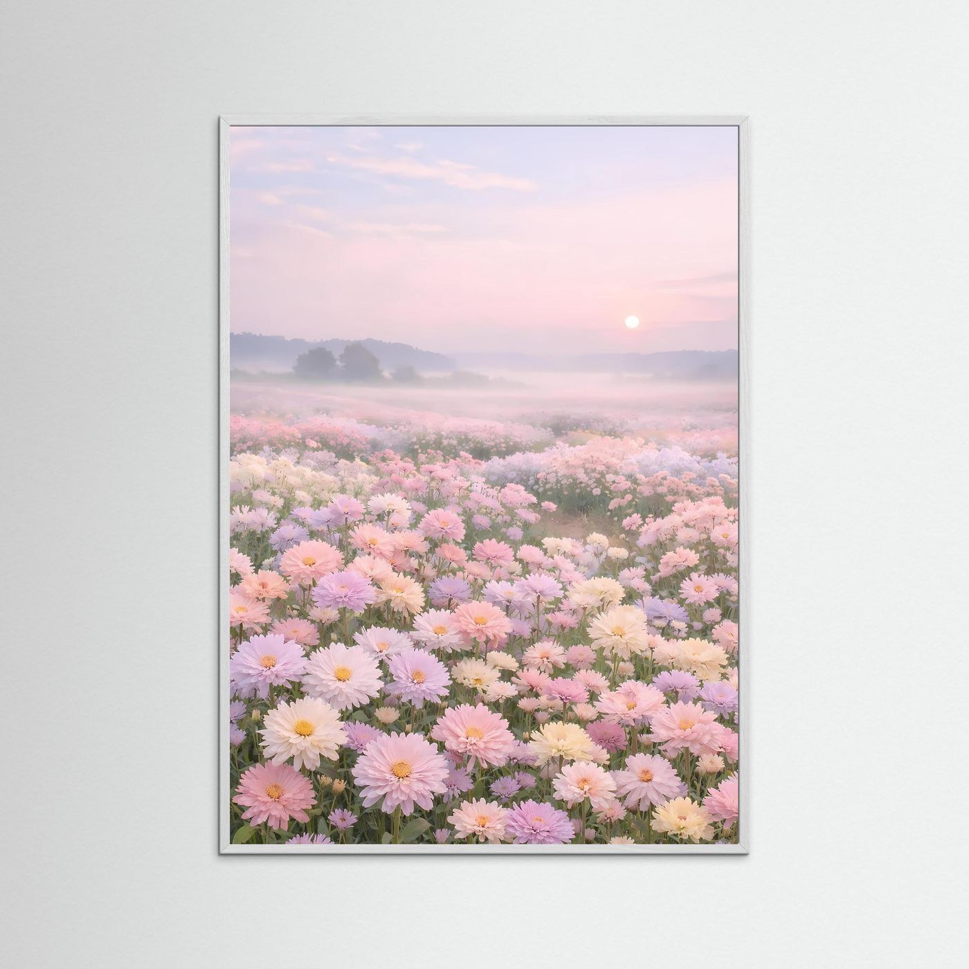Florales Poster mit Blumenmeer bei Sonnenaufgang, weißer Rahmen, hochformat