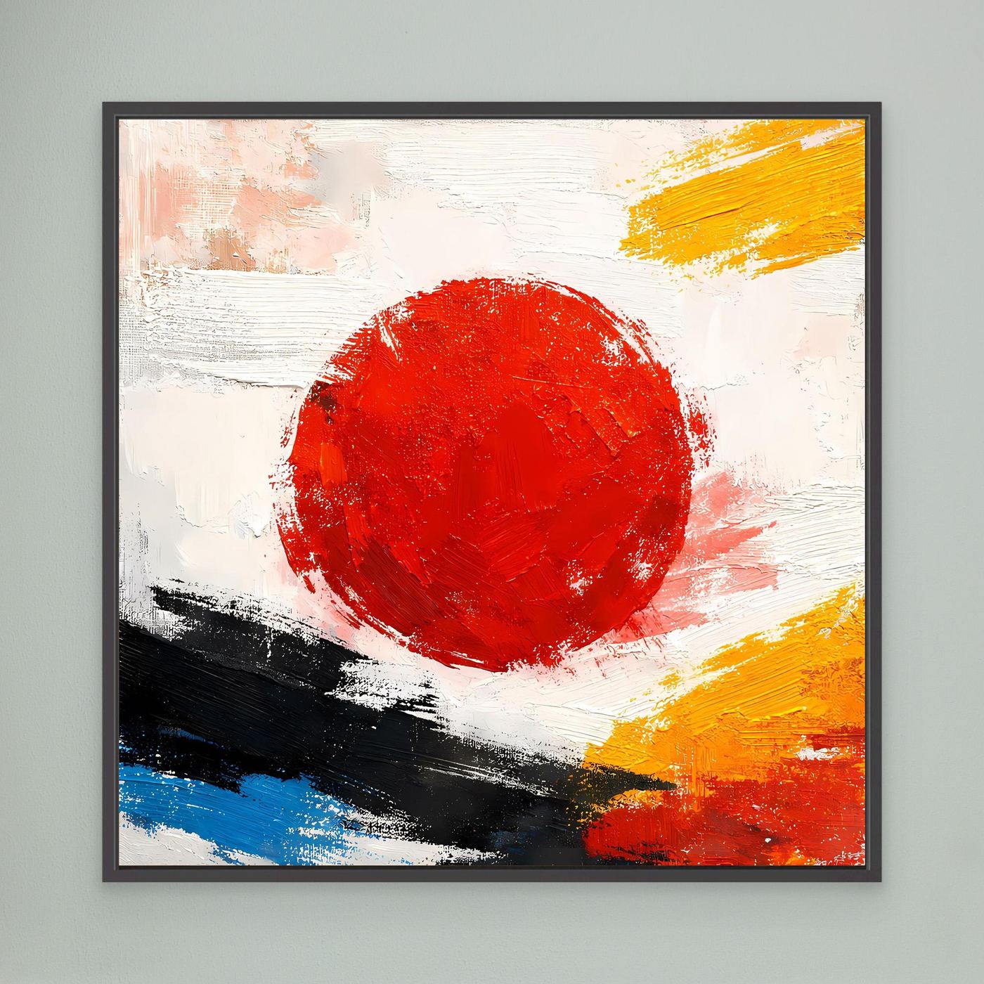 Abstraktes Leinwandbild mit roter Sonne, gelben Akzenten und schwarzem Pinselband