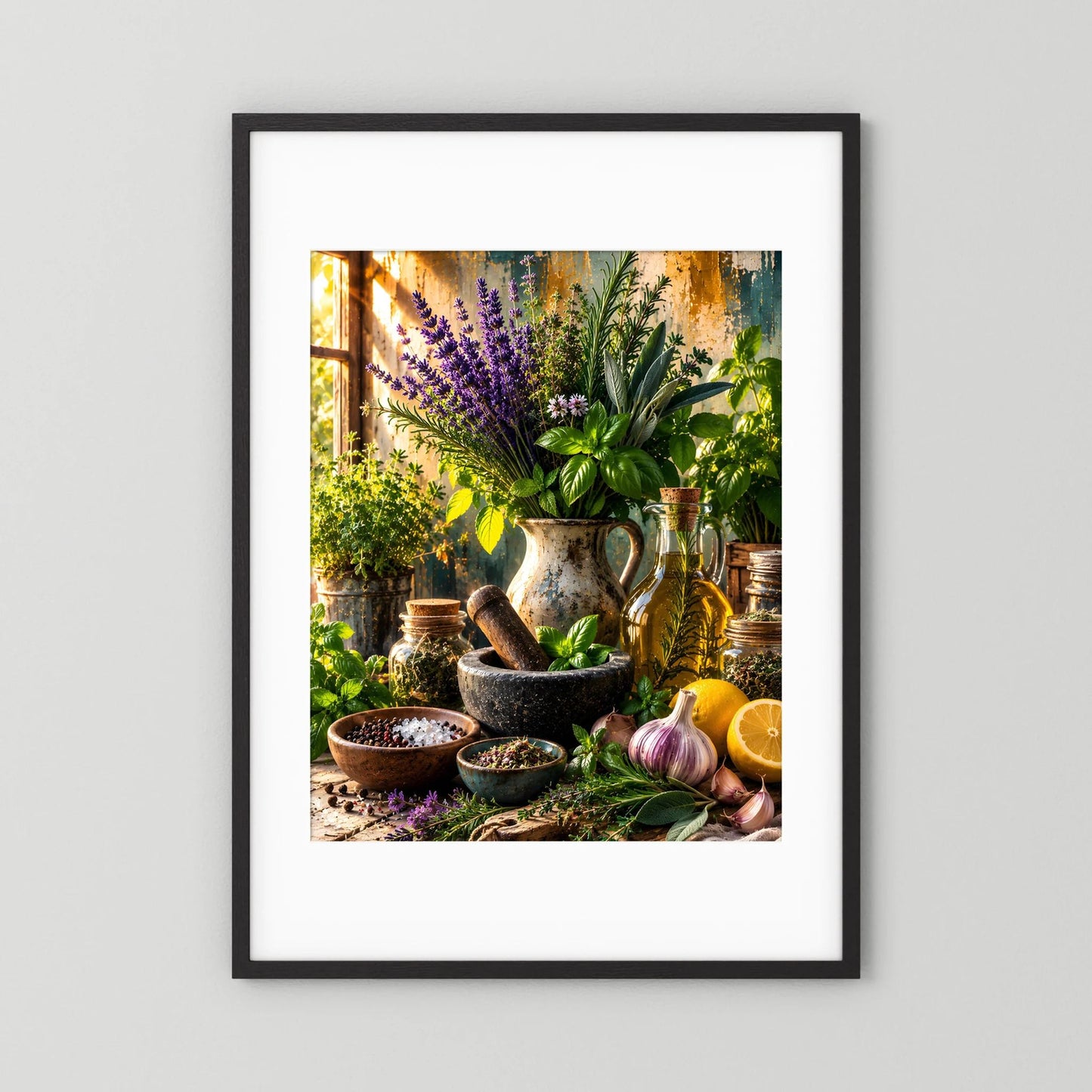 Gerahmtes Kräuter-Poster (schwarz) mit Lavendel, Basilikum und Gewürzgefäßen