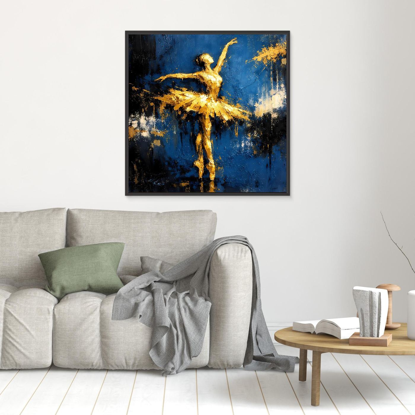 Leinwand Elegante Ballerina in Gold und Blau | Abstraktes Ballett Wandbild