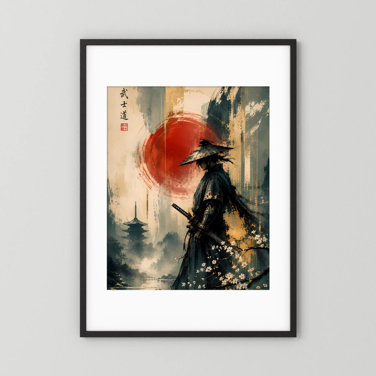 Gerahmtes Hochformat-Poster mit Samurai-Krieger vor roter Sonne, schwarzer Rahmen