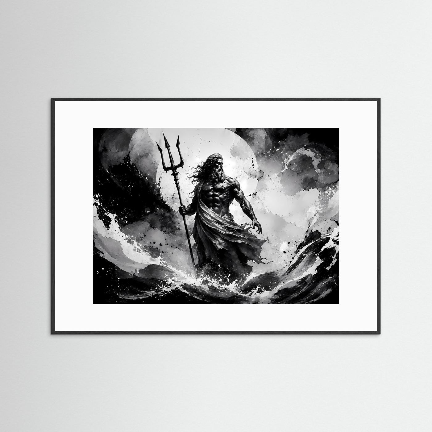 Poseidon Schwarz Weiß Wandbild | Griechische Mythologie Poster | Gott des Meeres mit Dreizack | Monochrome Fantasy Kunst | Moderne Leinwand