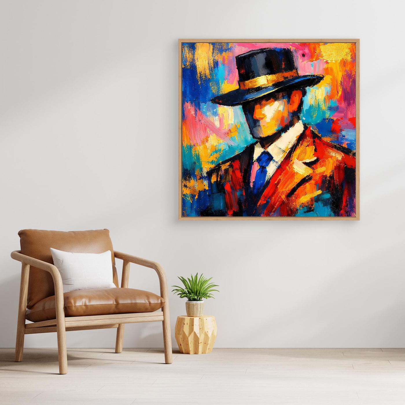 Leinwandbild mit Porträt eines eleganten Mannes im Zylinder, farbenfroh, goldener Rahmen