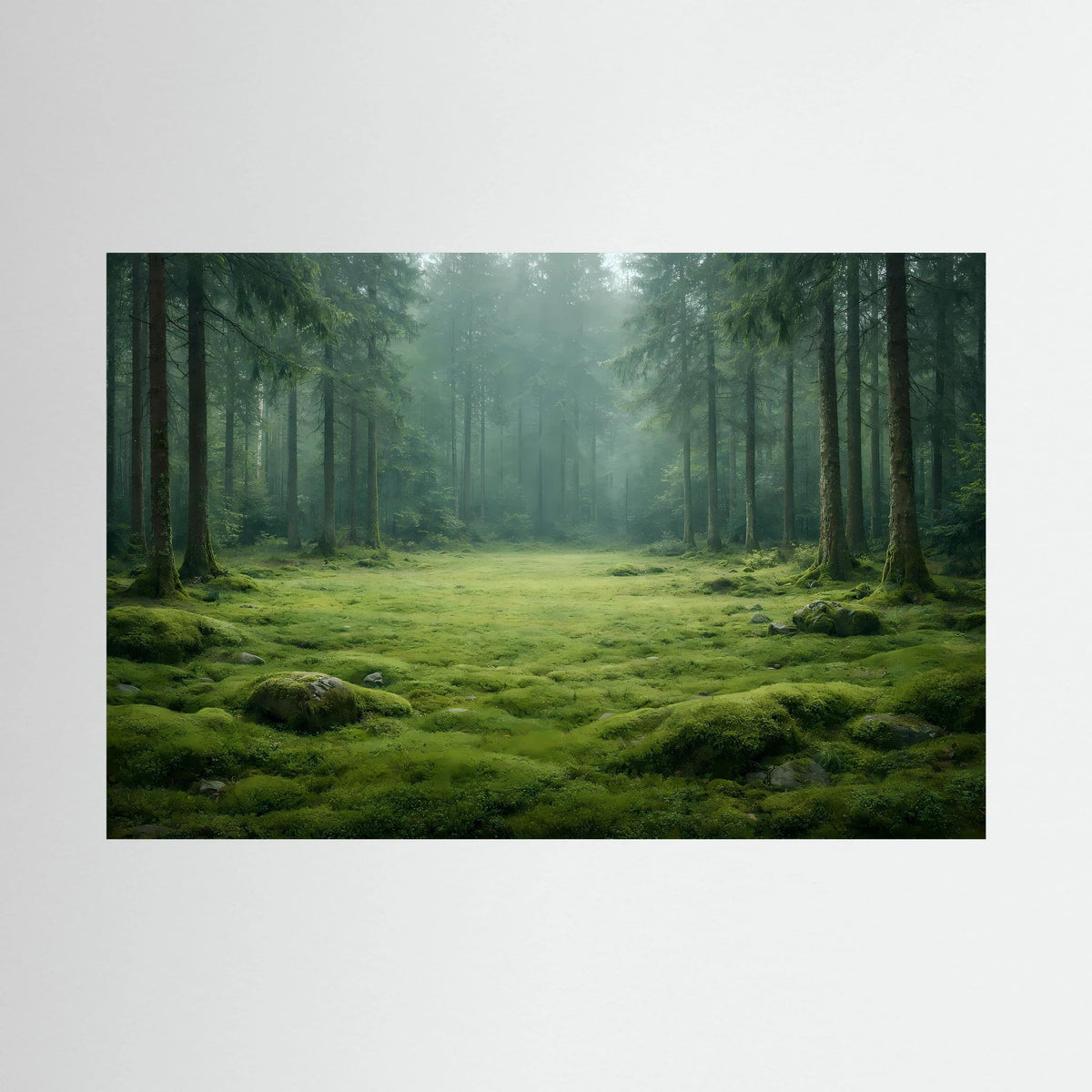 Wandbild im Querformat: grüner Waldweg, Mooslichtung und Nebel zwischen hohen Bäumen.