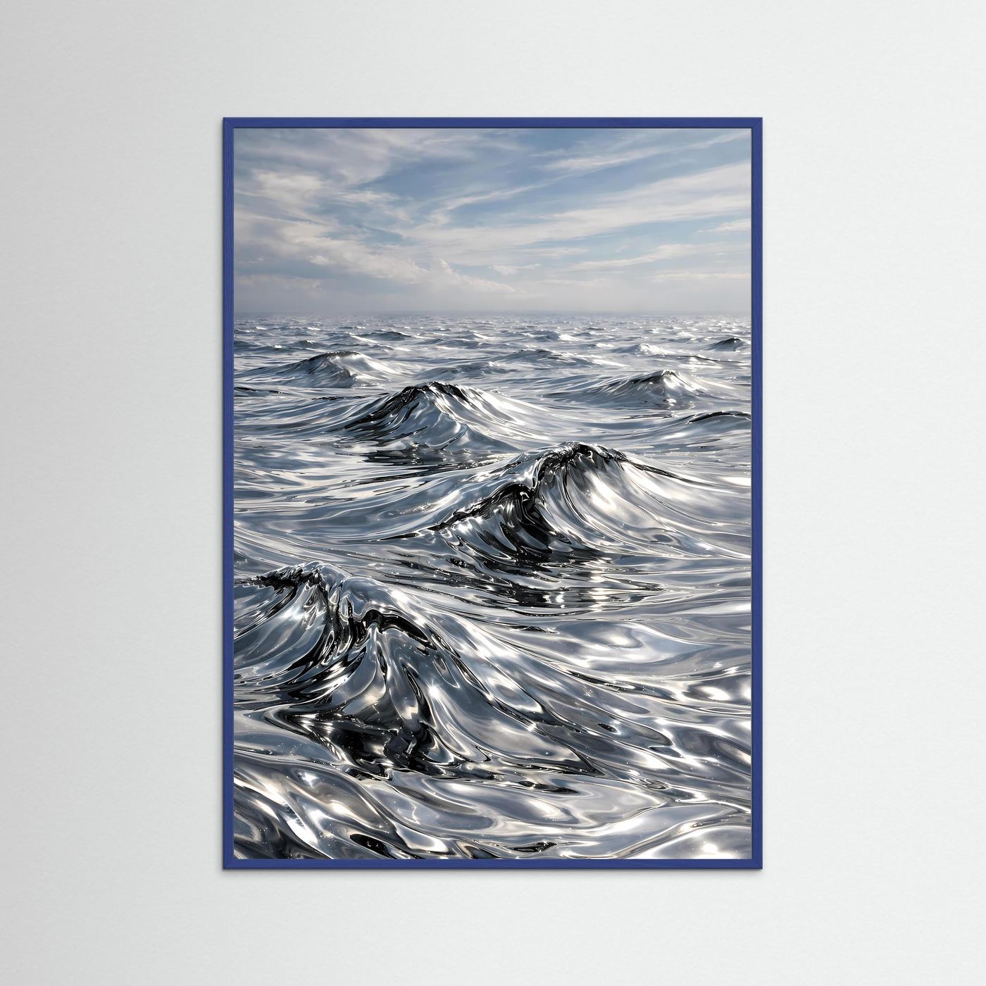 Abstraktes Ozean-Poster mit silbernen Wellen im Hochformat, blauer Rahmen